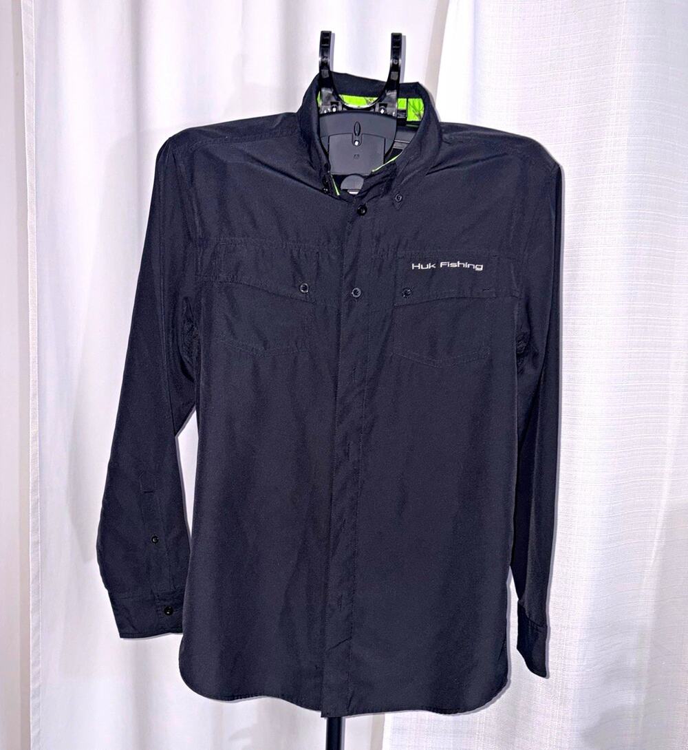 Huk Men’s Black Long Sleeve Button-Up Fishing Shirt Breathable Pockets L #0172